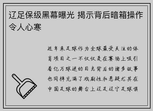 辽足保级黑幕曝光 揭示背后暗箱操作令人心寒